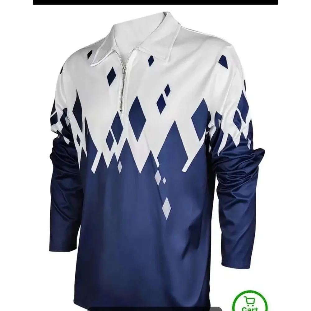 Men's Long Sleeve Polo Golf Shirt Geometric Grid Gradient Zip Collar Fashion Tee